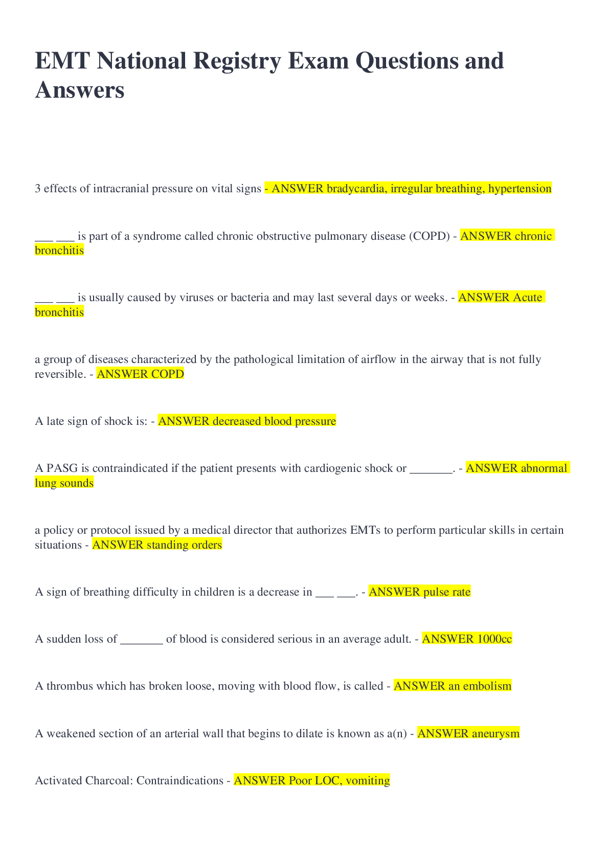 Preview of EMT National Registry Exam Questions and Answers